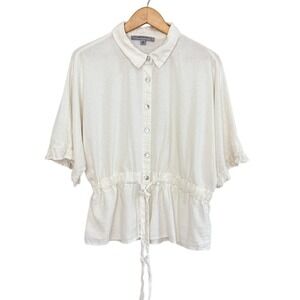 Marc New York Andrew Marc button up Linen shirt Abalone Buttons Ruffle Tie Large